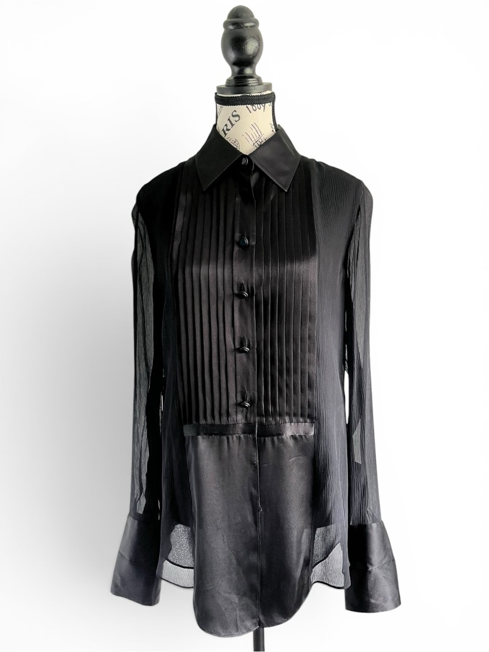Anne Klein 100% Silk Pintuck Tuxedo Pleated Blouse Sheer Black Size 10